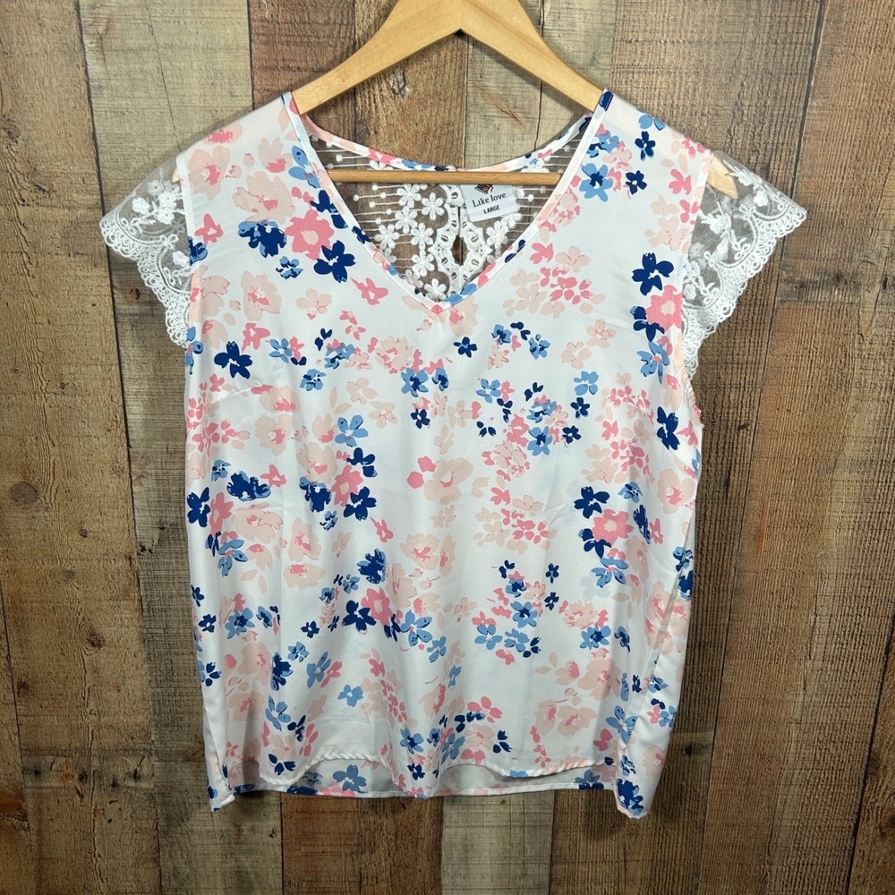 Like Love White Floral Lace Cap Sleeve Crochet Back V-Neck Blouse Top Large L